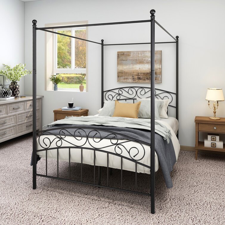 Details about   Full Size Canopy Bed Frame Black Metal Finish Slat Base Modern Bedroom Furniture 