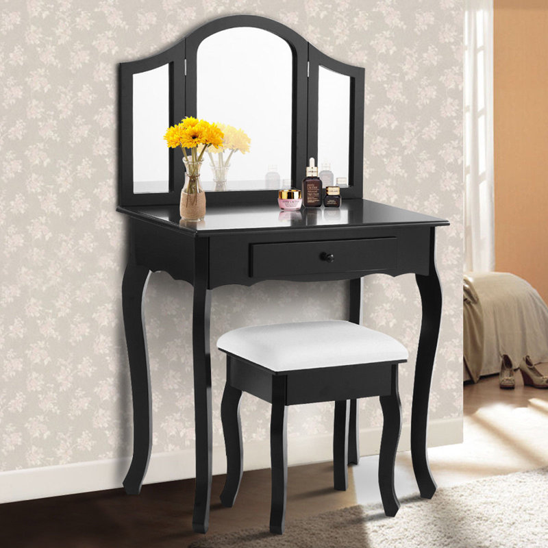 Charlton Home Bergmann Tri Folding Vintage Vanity Set With Stool And Mirror Reviews Wayfair Ca