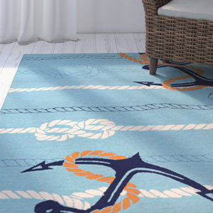 Seaside Anchor Bend Hand-Knotted Ocean Blue Indoor/Outdoor Area Rug