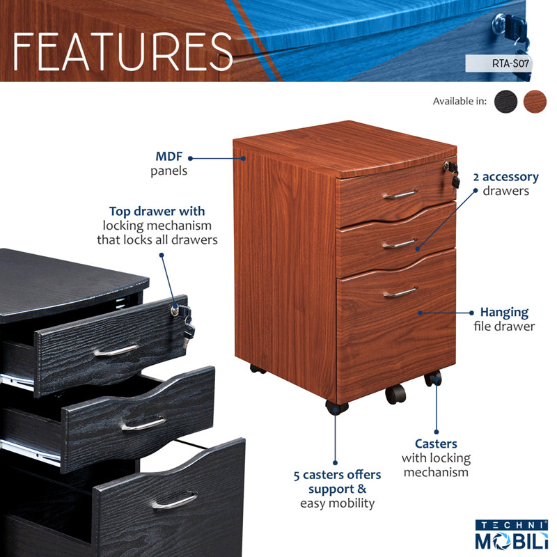 Techni Mobili Rolling Storage 3 Drawer Vertical Filing Cabinet