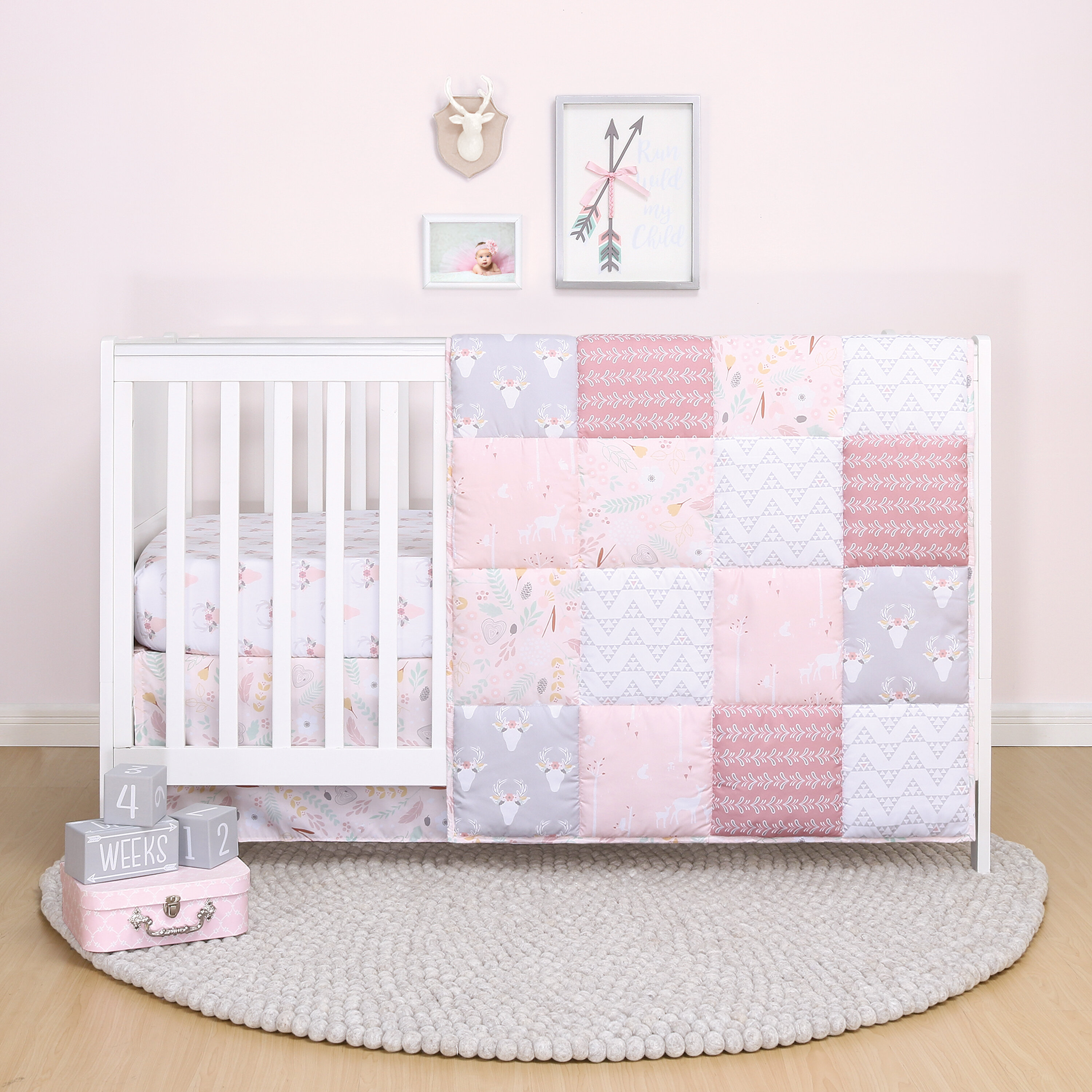 pink and gray nursery bedding