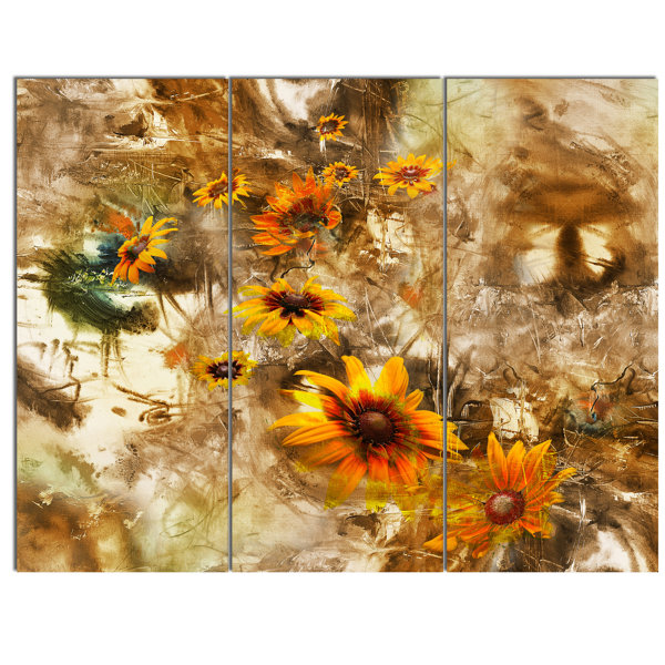 Designart Yellow Flowers With Brown Background 3 Piece Painting