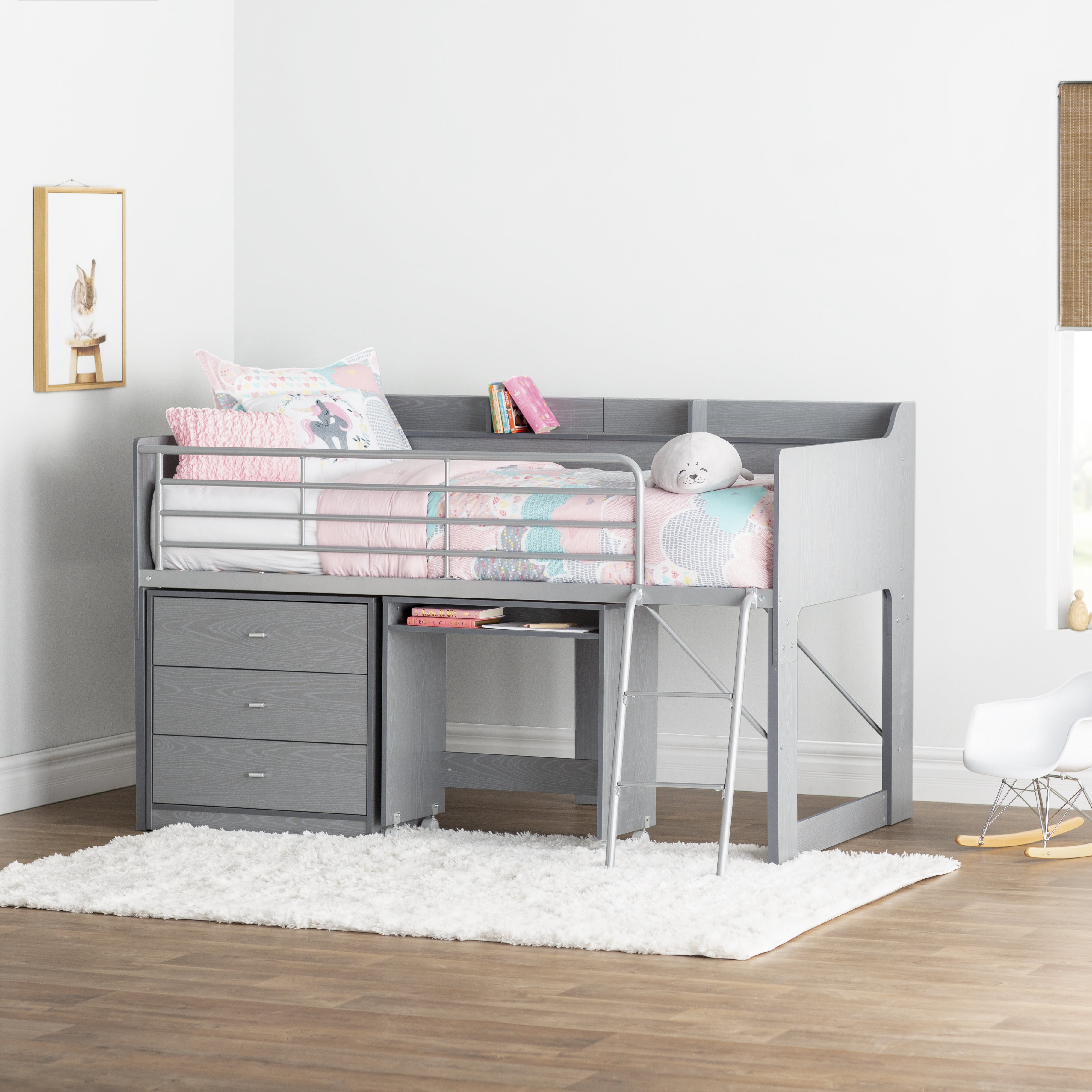 twin low loft bed with desk and storage