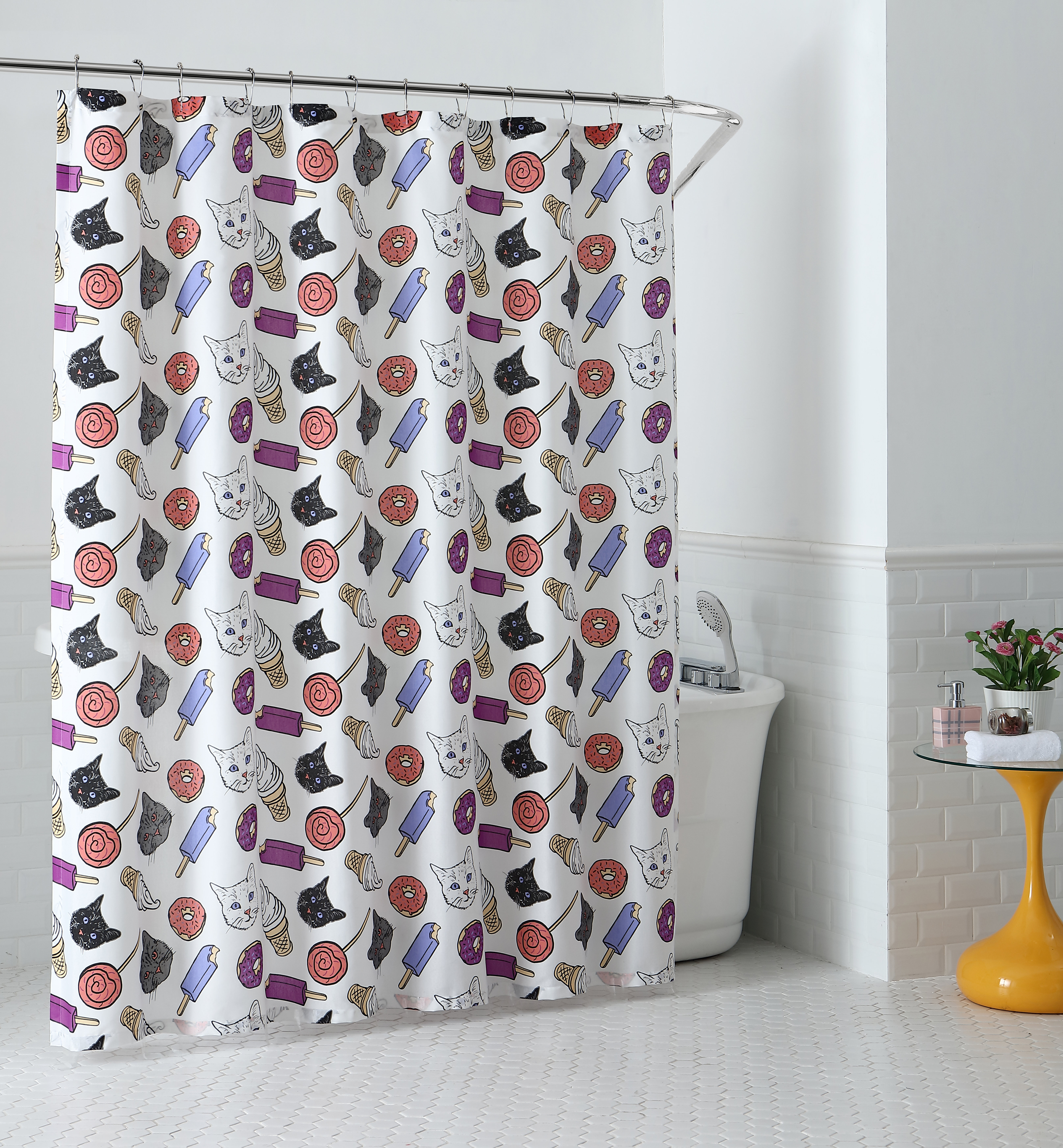 Ebern Designs Smethwick Cat And Junkfood Single Shower Curtain