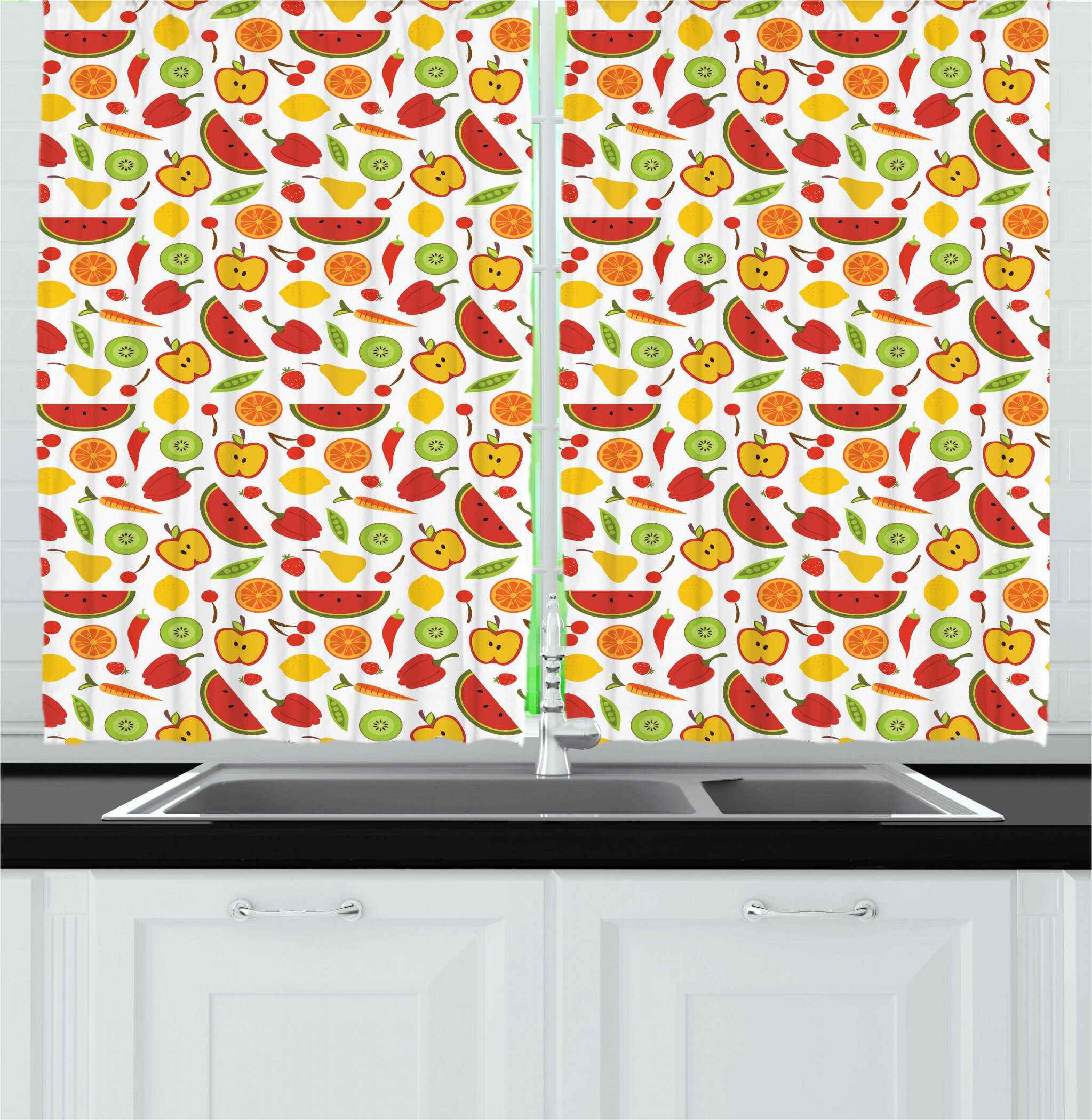 East Urban Home Food Cartoon Pattern Of Pepper Apple Watermelon Kiwi Carrot Cherry Peas Orange Lemon Kitchen Curtains Wayfair