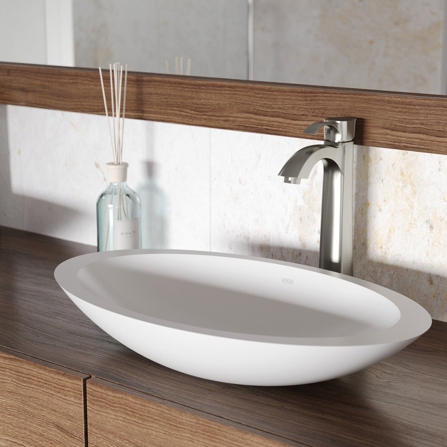 Vigo Matte Stone White Stone Handmade Oval Vessel Bathroom Sink