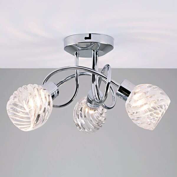 Contemporary 3 Way Polished Chrome Curved Arm Flush Ceiling Light with Swirled Glass Dome Shades 