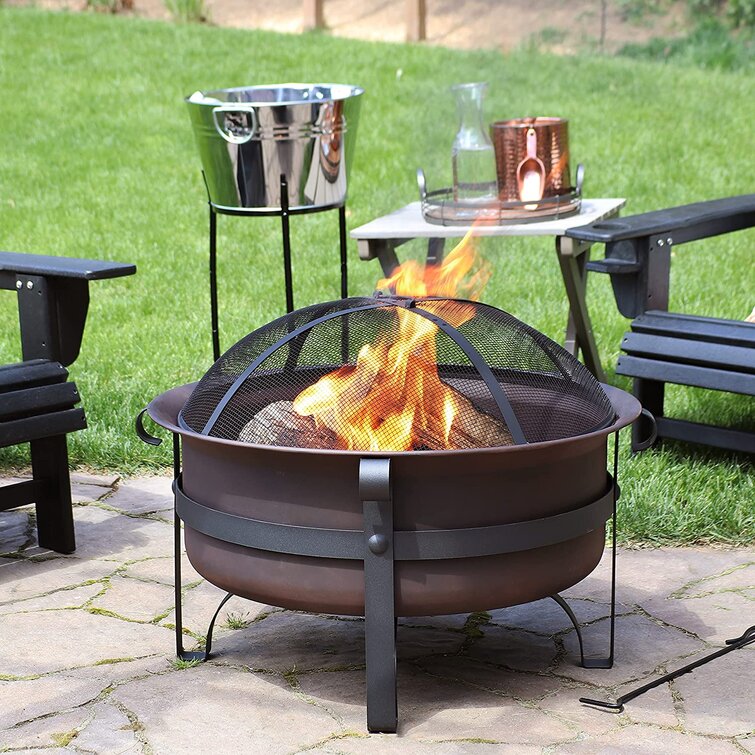 Red Barrel Studio Large Bronze Cauldron Outdoor Fire Pit Bowl Round Wood Burning Patio Firebowl With Portable Poker And Spark Screen 29 Inch Wayfair