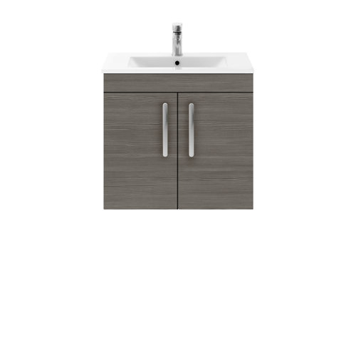 Vasari Vista Brown Grey Avola Door Wall Hung Vanity Unit & Minimalist Basin - 600mm Width