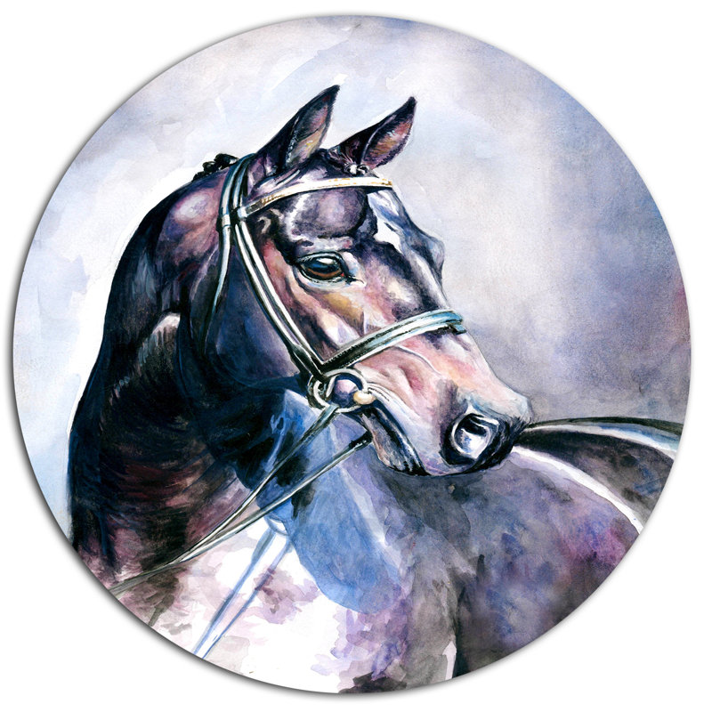 Designart Black Horse With Bridle Oil Painting Print On Metal