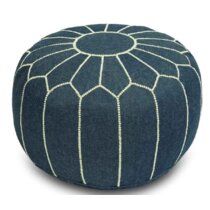 Moroccan Blue Denim pouf ottoman Round embroidery with White Stitching Blue jean 