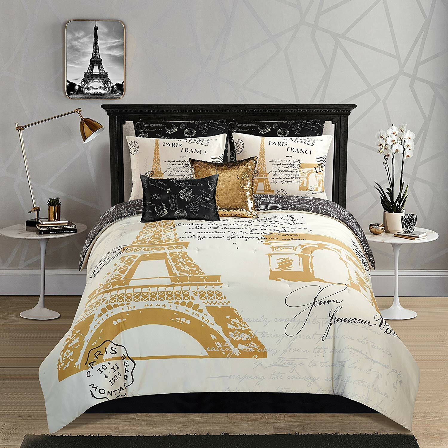 6 Pc Black Paris Eiffel Tower White & Gold Reversible Twin Comforter Set 