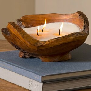 Handcrafted Teak Wood Bowl Unscented Novelty Candle