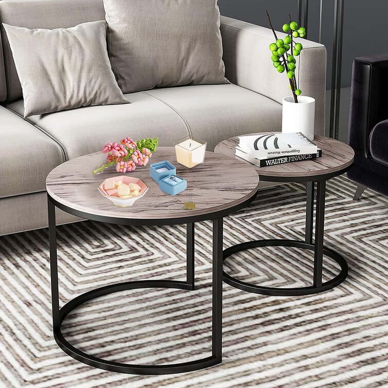 32 and 24 Modern Nesting Round Coffee Table Sets with Golden Color Frame Marble Wood Top for Living Room