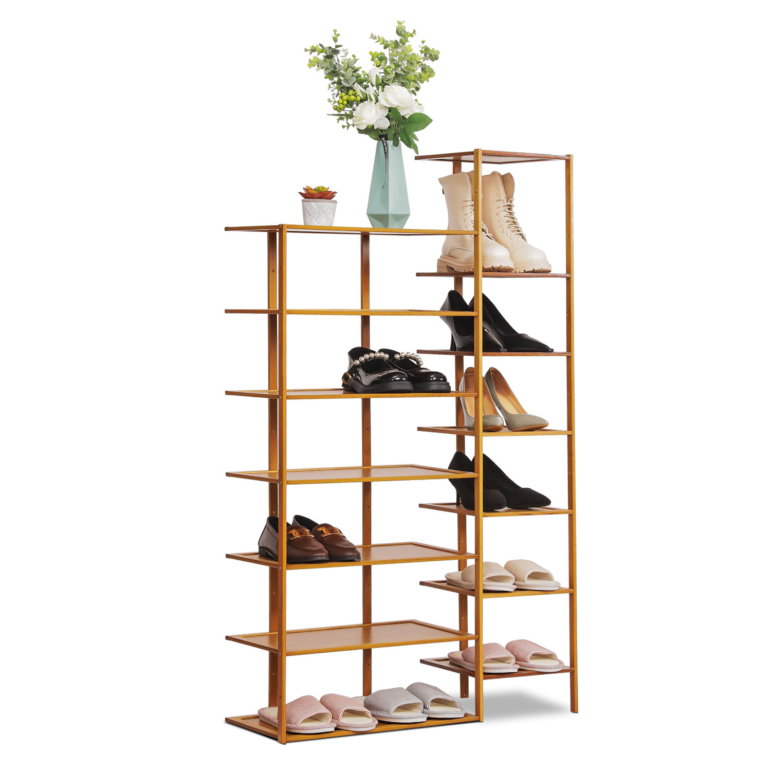 MoNiBloom 14 Tiers Bamboo Shoe Rack 28 Pairs Shoes Organizer Shelves Storage Stand For Living