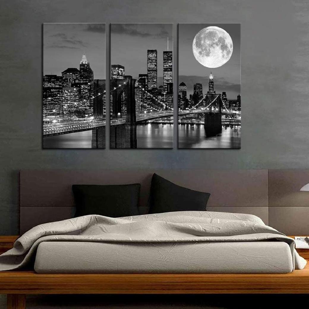 New York City Canvas Wall Art Empire State Building at Moon Night Skyline 
