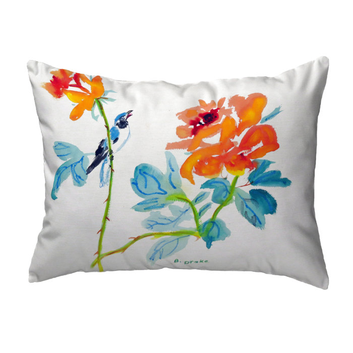 Betsy Drake Interiors Bird Roses Indoor Outdoor Lumbar Pillow