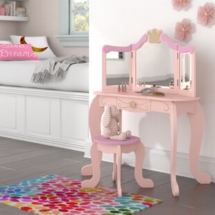 White Features Heart-Shaped Mirror Wildkin Princess Vanity Table & Chair Set and Removable Plush Seat Cushions Two Jewelry Boxes Perfect for the Little Princess in Your Life