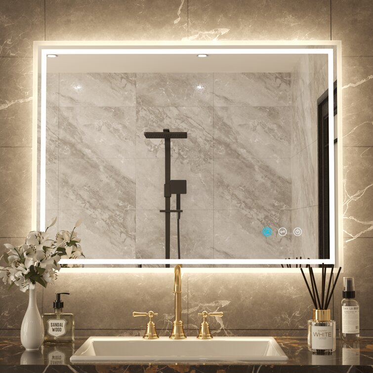 Hangs Vertically or Horizontally 32×24in Dimmable Led Illuminated Bathroom Mirror with Bluetooth Speaker Wall Mounted Bathroom Vanity Mirror with Touch Button&Anti-Fog