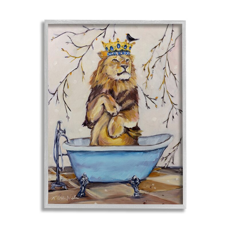 Regal Jungle Lion in Blue Claw Bath - Graphic Art Print - Framed Lion Wall Decorations