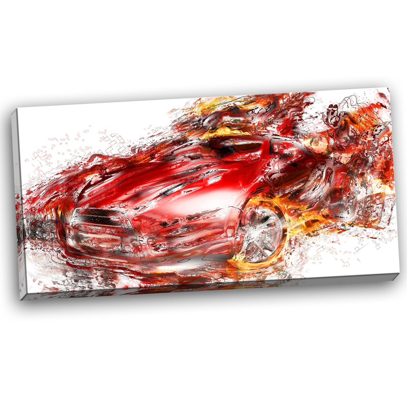 Designart Flaming Red Sports Car Painting Print On Wrapped Canvas