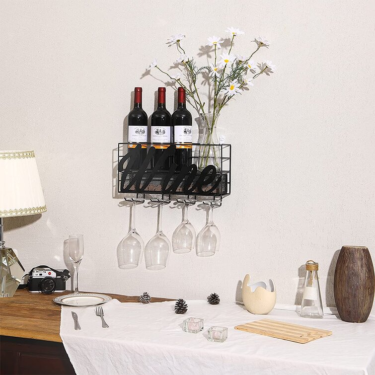 Wall Mounted Wine Rack Bottle & Glass Goblet Holder Metal 16x8" w/ Cork Storage 