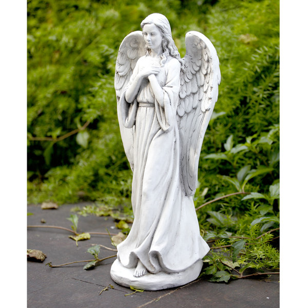 5.5 Inch Poly Stone Angel Kneeling with Dove in Hands Figurine