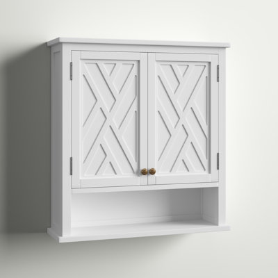 Lund Coventry White Wall Mounted Bathroom Cabinet, 27 in. W x 29 in. H, with Two Doors, Adjustable Shelves, Open Shelf, Zinc Metal Hinges, Easy Mount French Cleat System – Ideal Bathroom Shelving Solution