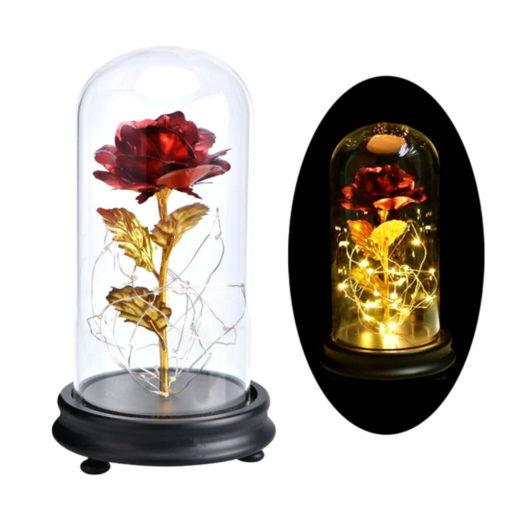 US Gold Plated Rose Glass Lamp LED Lighted Golden Flower Valentine Gifts For Her 