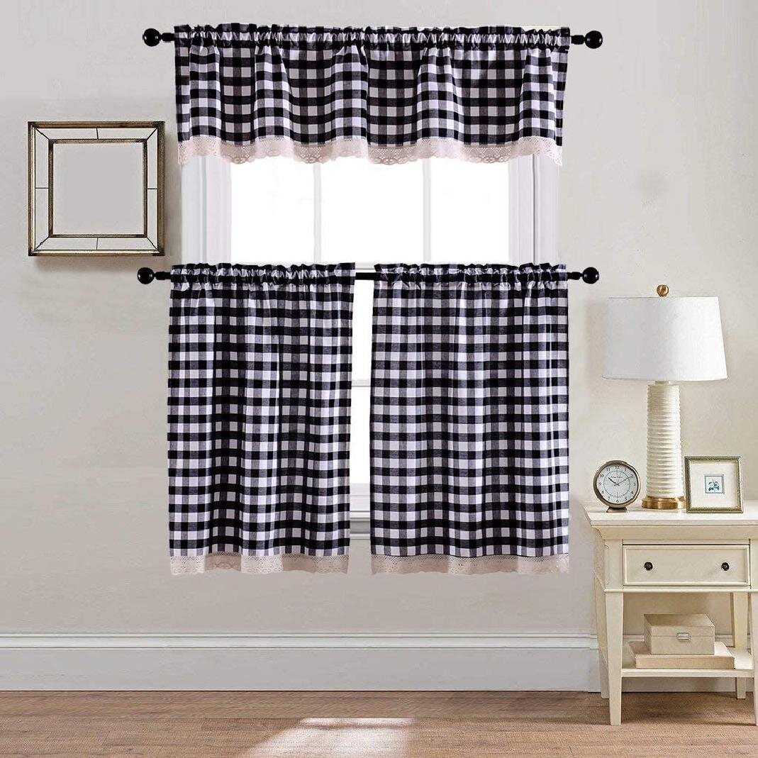 Gingham Curtain Valances for Kitchen Living Dining Room Cotton Blend Fit Window Curtain 58 x 15 inches Rod Pocket 1 Plaid Valance Black