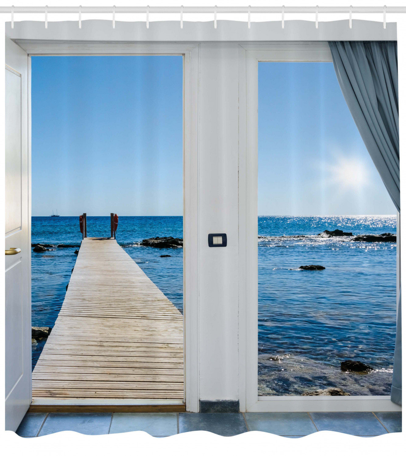 Shower Curtain With Hooks Beautiful Sea Beach Pattern Fabric Waterproof Bathroom
