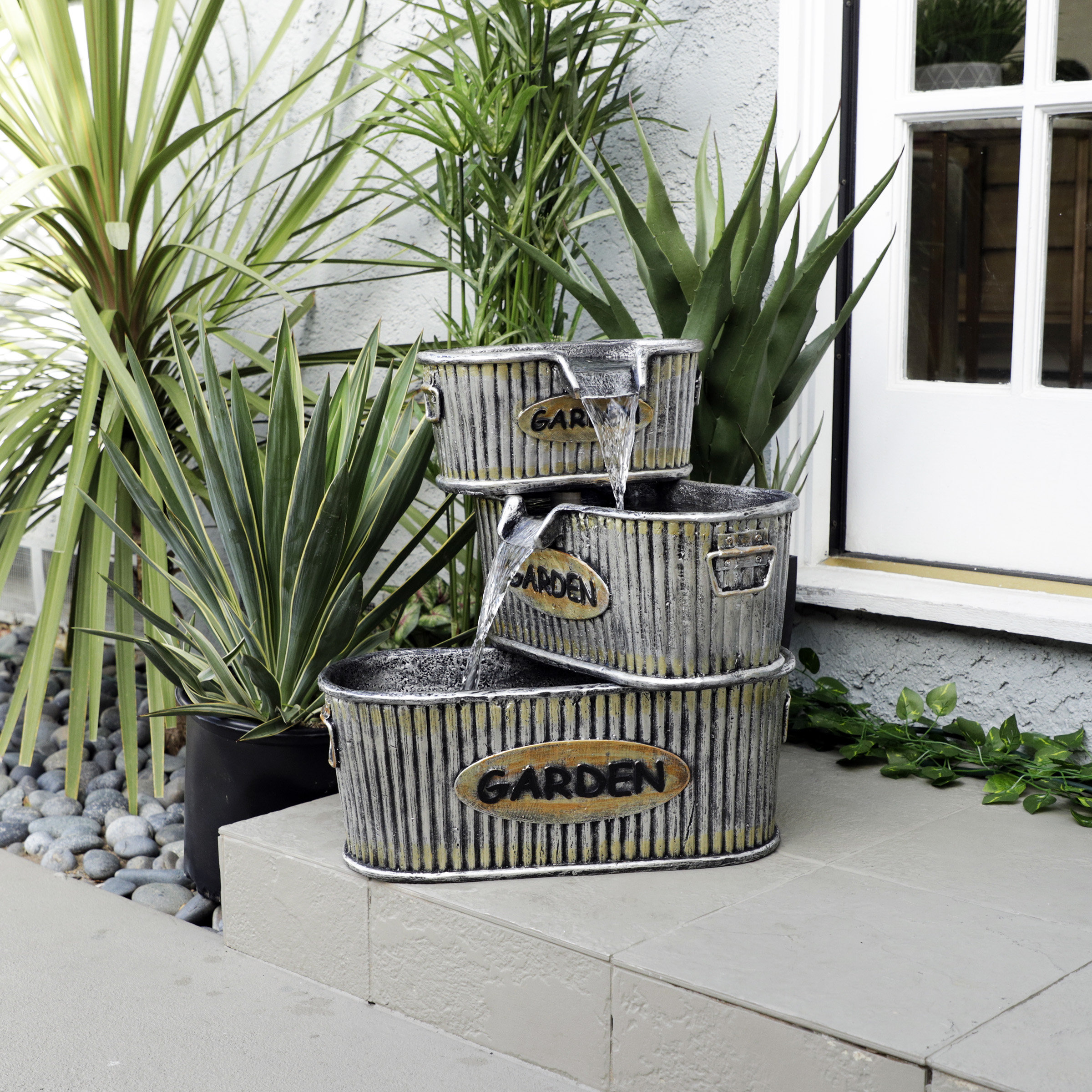 Beautiful Rustic Large Garden Deck Patio Water Pump Buckets Outdoor Fountain Ornate Rustic Realistic Perfect Conversation Piece With Electric Powered Cascading Water Fall Looks Like Old Hand Pump