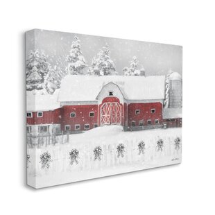 Red Covered Bridge Canvas Painting Snow Winter Trees Tilted View