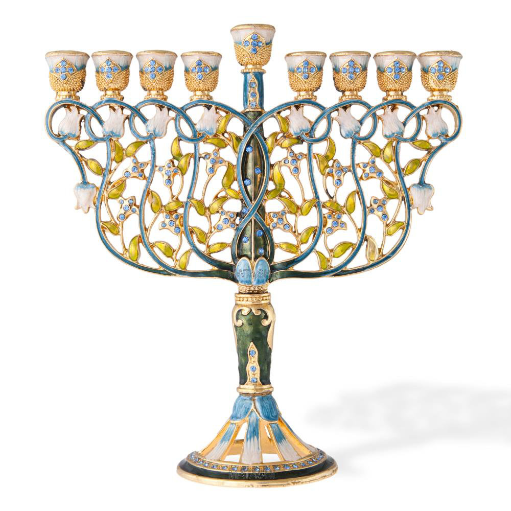 Classic Blue Hand Painted Enamel Menorah Candelabra Embellished with Gold Accents and Crystals by Matashi