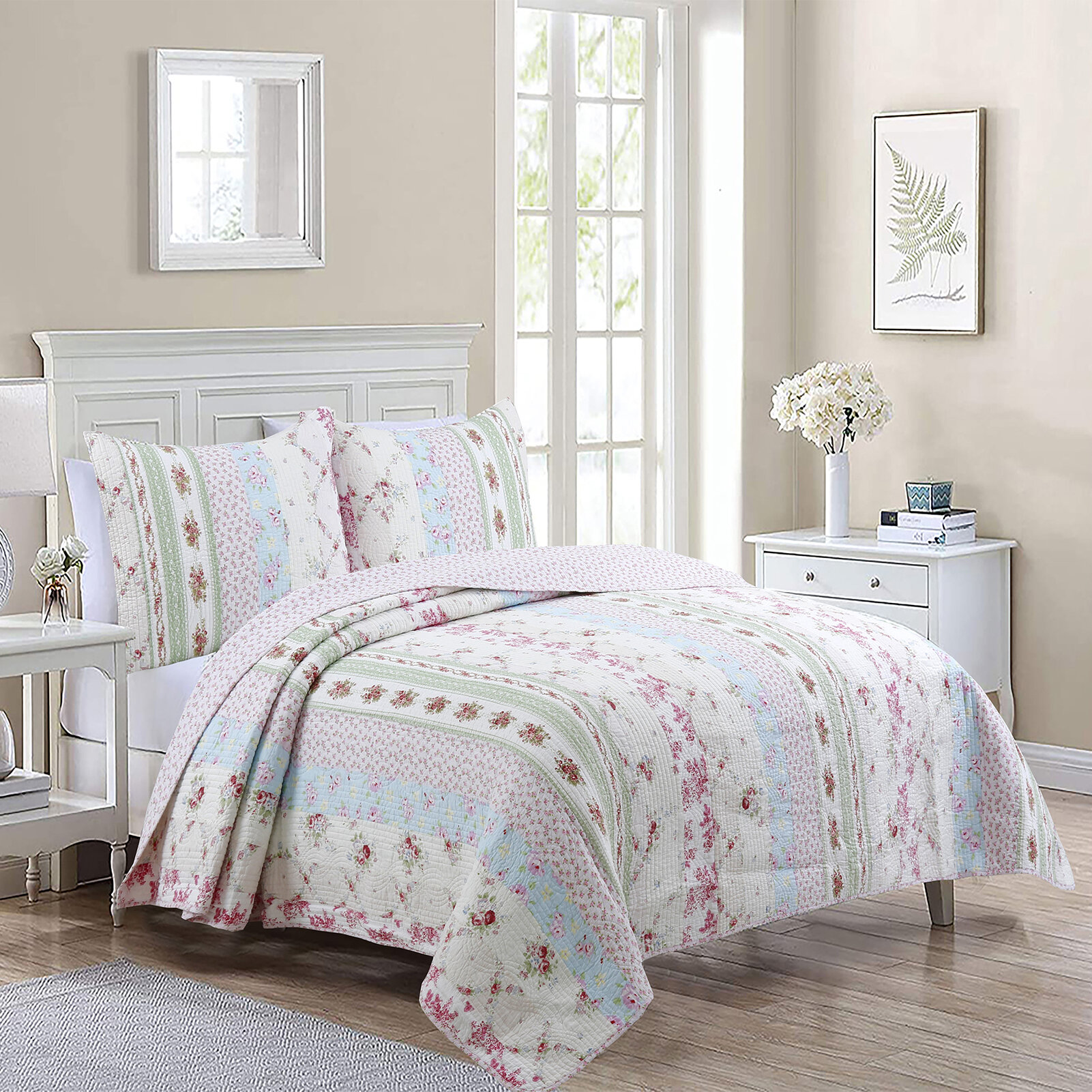 ~ COZY COUNTRY CHIC IVORY PINK RED GREEN LILAC PURPLE BROWN BLUE QUILT SET Details about   NEW 