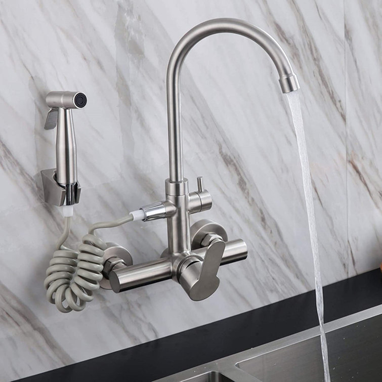 360 Swivel Dual Wall Mount Kitchen Faucet Stainless Steel Hole Sink Tap  Mixer With Bidet Sprayer Kitchen Faucet