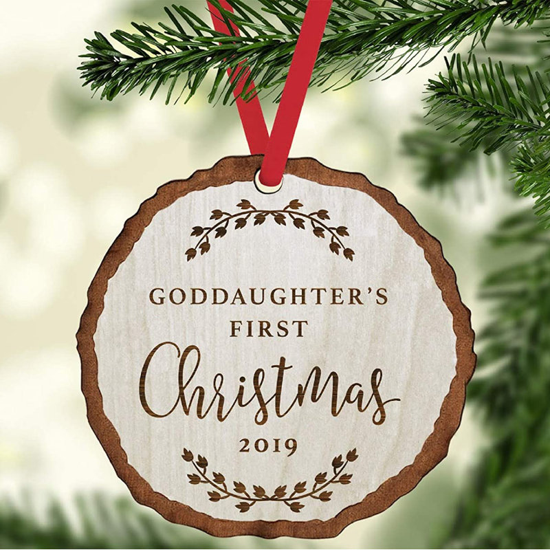 The Holiday Aisle Engraved Wood Slab Keepsake Goddaughter S 1st Christmas Holiday Shaped Ornament Wayfair