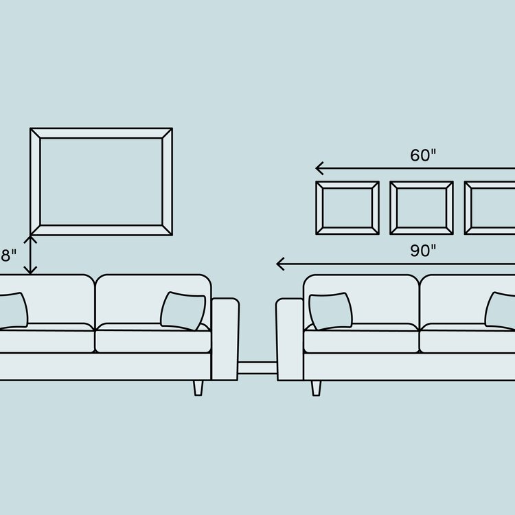 diagram depicting wall art hung over a sofa