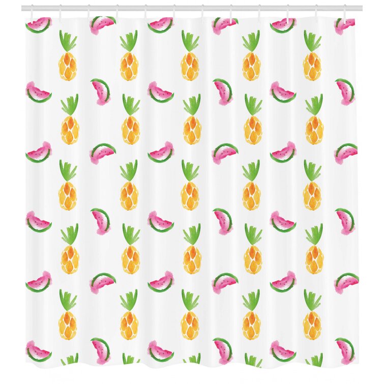 Hand Drawn Wave & Pineapple Shower Curtain Set Bathroom Mat Waterproof Fabric 