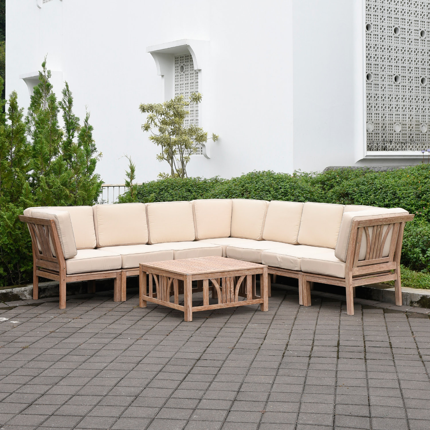 Gracie Oaks Coronel Teak Patio Sectional With Cushions Wayfair Gracie Oaks Coronel Teak Patio