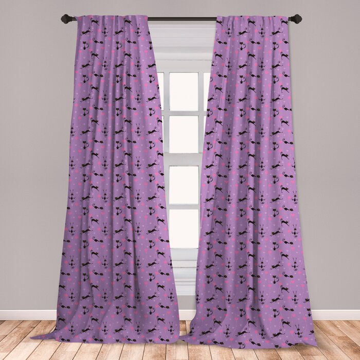 Ambesonne Cat Curtains Funky Romantic Pattern With Little Hearts Funny Jumping Black Cat Characters Window Treatments 2 Panel Set For Living Room