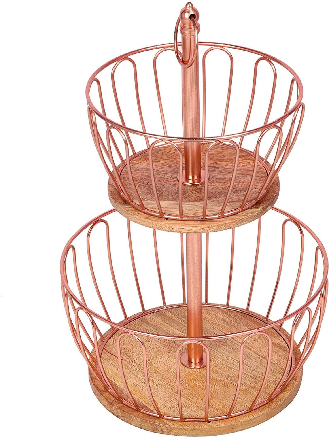 Gelaosidun 2 Tier Fruit Basket With Mango Wood Base Stylish Durable And Vegetable Storage Rack Perfect Hanging Wire Bowl For Kitchens Dining Rooms And Pantries Wayfair