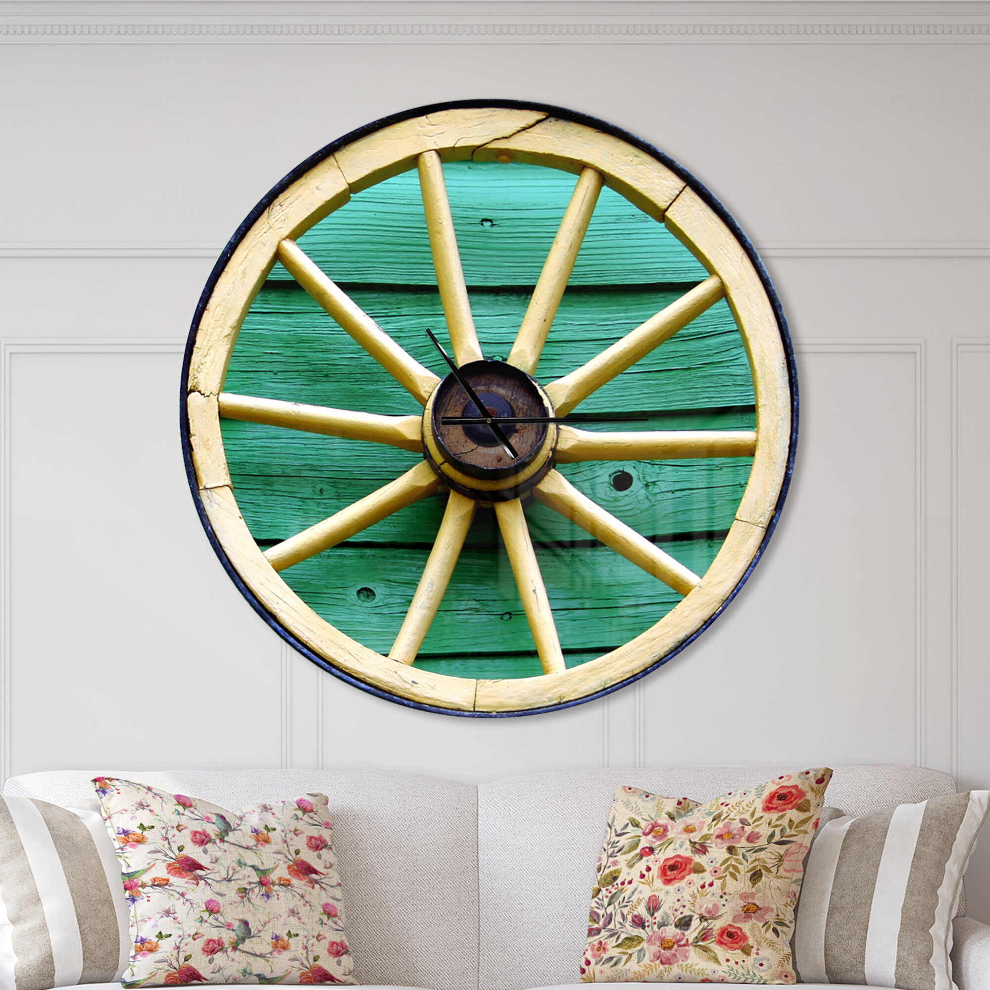 East Urban Home Farmhouse Designart Antique Wagon Wheel On Wood Wall Clock Wayfair