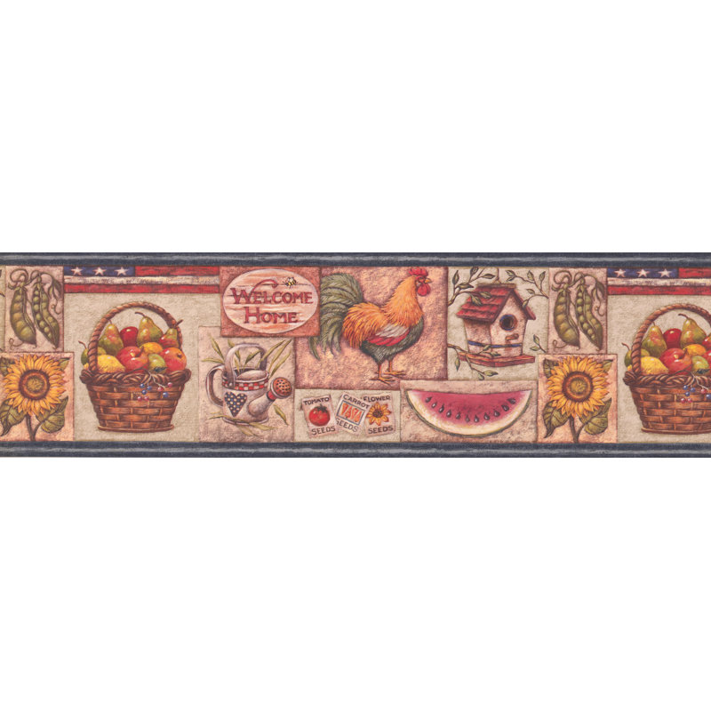 August Grove Belote Retro Design American Flag Rooster Fruit Basket Sunflower Watermelon Birdhouse Kitchen 7 L X 180 W Wallpaper Border Wayfair