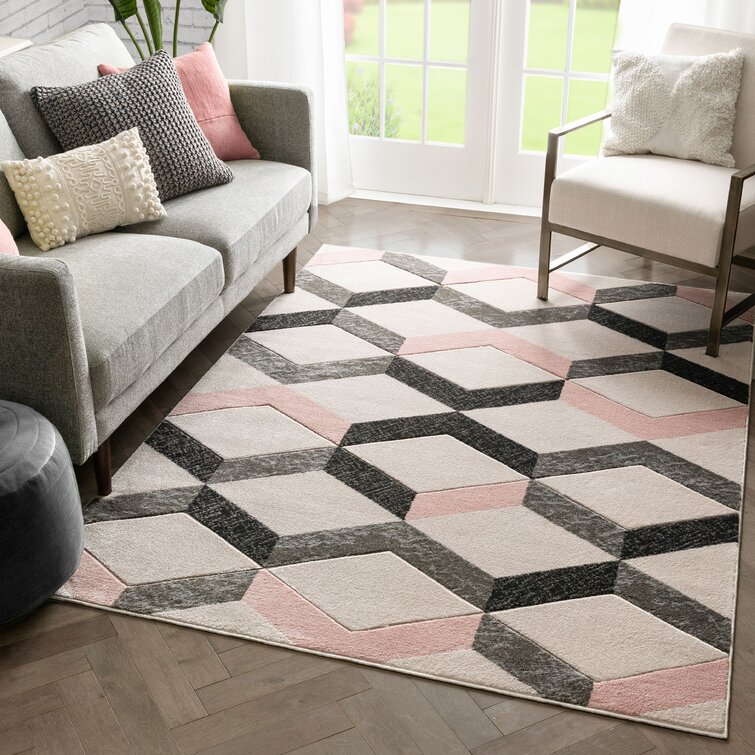 NEW Pink Blush Geometric Outdoor Patio BBQ Garden Washable Easy Clean Area Rug 