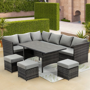 Patio Furniture Set Outdoor 7 Piece Rattan Sectional Seating Group With Dining Table