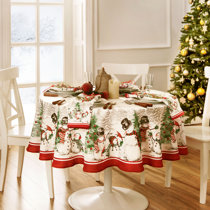 Christmas Santa Claus Present Fir Embroidery Tablecloth Overlay 34 x 34" Red 