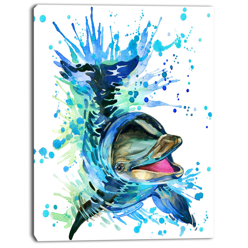 Designart Large Blue Dolphin Watercolor Painting Print On