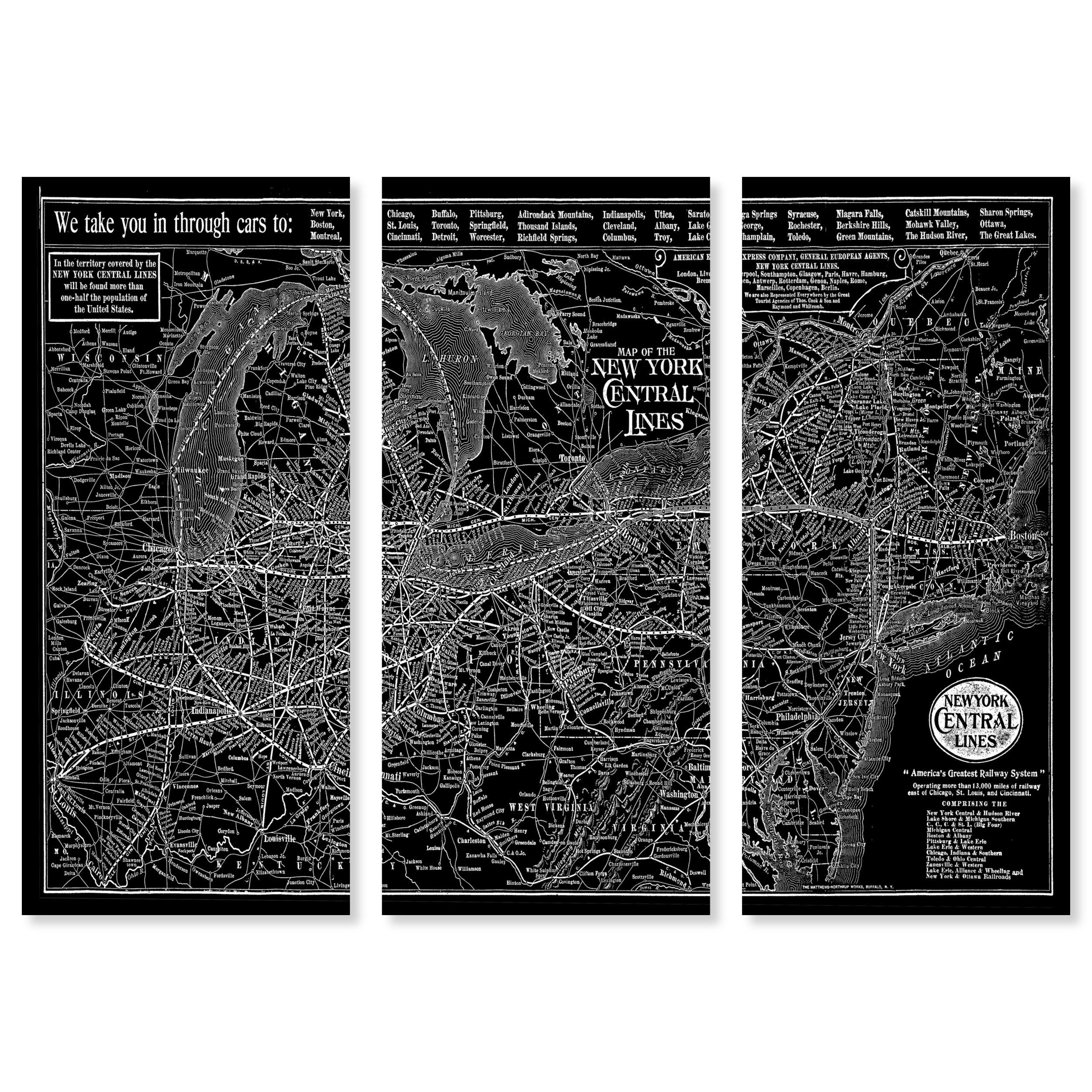 Oliver Gal New York Central Lines Map 1918 Triptych, Vintage Railroad