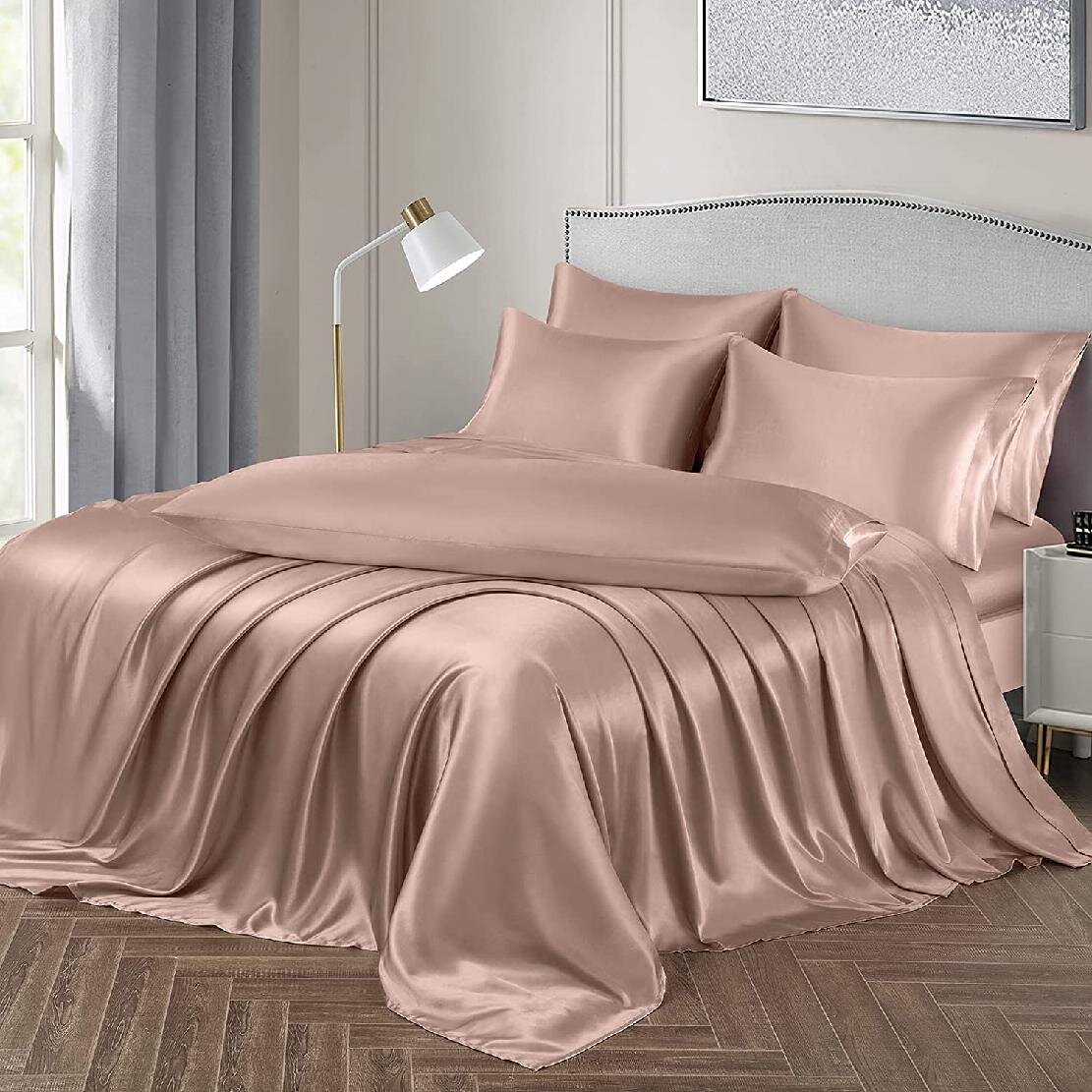 6 Pieces Silk Bed Sheet Set Luxury Rich Satin Black Smooth and Silky with Deep